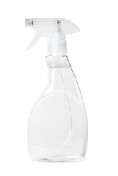 Isolated side view of the clear spray bottle with a clear liquid inside with clipping path.