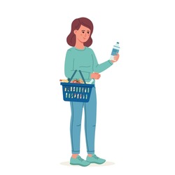 Young woman buyer consumer customer character choosing food products in supermarket holding bottle in hand. Daily life recreation illustration. Shopping, sale, coice, store, buy concept.