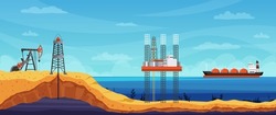 Oil and gas extraction rigs. Concept of development of oil field, drill oilfield technology, offshore extracting pump tower station at sea, ship tanker, rig drilling platform. Vector illustration