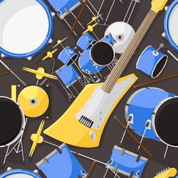 Drum and guitar in studio. Instrument set for playing music. Choosing bass for beat. Writing melody with electric instruments. Band check set for concert. Seamless pattern. Vector illustration
