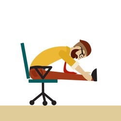 Man in business clothes is doing exercises for back on the office chair. Businessman in healthy forward bend pose. Vector flat  illustration.