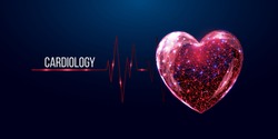 Cardiology concept banner. Wireframe low poly style red heart.   Abstract modern 3d vector illustration on dark blue background.