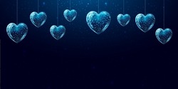 Hanging blue hearts. Saint Valentines day concept with glowing low poly hearts. Futuristic modern abstract. Isolated on dark blue  background. Vector illustration.