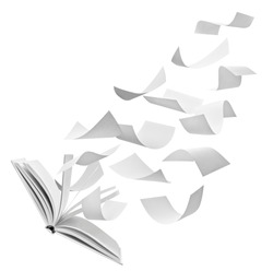 close up of flying papers and an open book on white background