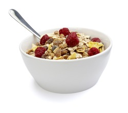 close up of ready to use muesli on white background with clipping path, shadow is not included