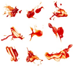 collection of  ketchup stains on white background. each one is shot separately