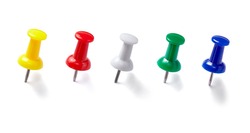 collection of various pushpins on white background. each one is shot separately