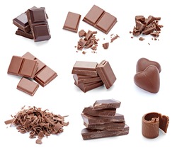 collection of various chocolate pieces on white background. each one is shot separately
