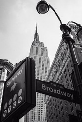 Street signs and Empire State Building B&W