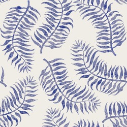 Vector seamless pattern on light grey background. Blue palm leaves with watercolor texture