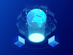 Global communication Internet network around the planet. Network and data exchange over planet. Connected satellites for finance, cryptocurrency or IoT technology