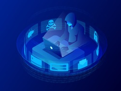Isometric vector Internet hacker attack and personal data security concept. Computer security technology. E-mail spam viruses bank account hacking. Hacker working on a code. Internet crime concept.