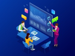 Isometric business analysis and planning, consulting, team work, project management, financial report and strategy concept. Unity and teamwork concept. Vector illustration.