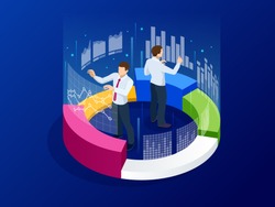 Isometric business analytics, strategy and planning. Technology, Internet and network concept. Data and investments. Businessmans with infographic elements.