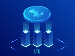 Isometric Litecoin LTC Cryptocurrency mining farm. Blockchain technology, cryptocurrency and a digital payment network for financial transactions. Abstract blue background.