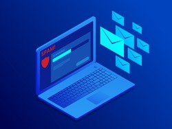 Isometric website banner of e-mail protection, anti-malware software. Email Spamming Attack. Antivirus software, anti-malware, spyware, trojan, adware as internet security.
