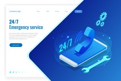Web page design templates for call center support 24-7. Isometric 24 hours open customer service. Vector illustration Customer Service, Support or CRM