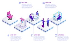 Isometric Online job search and human resource concept. Infographics of Business data visualization. Process chart. Job interview, recruitment agency vector illustration
