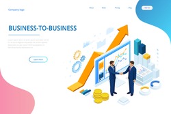 Isometric Successful business collaboration. Businessmen shaking hands. B2B. Data and key performance indicators for business intelligence analytics