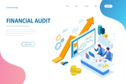 Isometric web business concept of financial administration, accounting, analysis, audit, financial report. Auditing tax process. Documents, graphics, charts, planner, calendar, report.