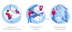 Isometric Logistics and Delivery Infographics. Delivery home and office. City logistics. Online Express, Free, Fast Delivery, Shipping concept.