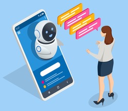 Isometric artificial intelligence. Chat bot and future marketing. AI and business IOT concept. Mans and women chatting with chatbot application. Dialog help service.