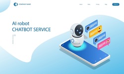 Isometric artificial intelligence. Chat bot and future marketing. AI and business IOT concept. Chatting with chatbot application. Dialog help service.