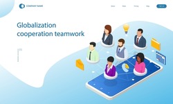 Isometric business and networking concept social, business network. Globalization cooperation teamwork. Business people worldwide connected interacting through social media technology world wide web
