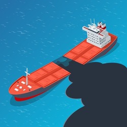 Isometric concept of oil spill on the water after crash and sink of the tanker. Ecological and environmental disaster.