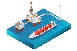 Isometric Large Offshore oil rig drilling platform. Platform for production oil and gas, Oil and gas industry and hard work.