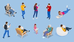 Different isomeric people icons set. Isometric concept of people reading.