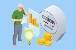 Isometric invoice and electricity meter. Utility bills payment. Electricity consumption expenses. Man paying utility, and electricity bills online