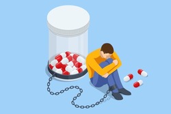 Isometric concept of dependence on pills, drugs, antidepressants. Healthcare and medical, addiction recovery. Concept for prescription drug abuse