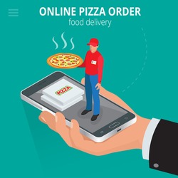 Online pizza order. Ecommerce concept. Fast food delivery online  service. Flat 3d isometric vector illustration. 