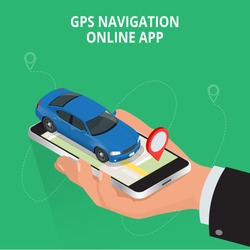 Mobile GPS navigation, travel and tourism concept. View a map on the mobile phone on car and search GPS coordinates. Flat 3d vector isometric illustration
