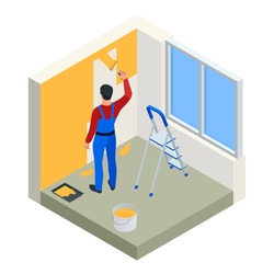 Isometric Paintroller painting white wall with roller orange paint. Flat 3d modern vector illustration. Paintroller, people occupations, profession.
