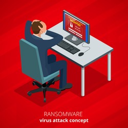 Ransomware, malicious software that blocks access to the victim's data. Hacker attacks network. Isometric vector illustration. Internet crime concept. E-mail spam viruses bank account hacking. 