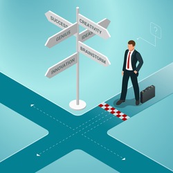 Isometric business directions. Businessman standing at a crossroad and looking directional signs arrows in difficult choice concept and startup.