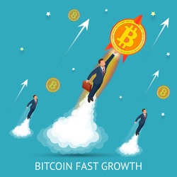 Bitcoin is fast growing. Digital currency, technology worldwide network concept. Businessman takes off with a coin bitcoin. Block chain concept