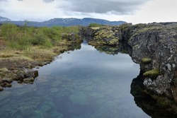 Silfra Rift, a fissure between the North American and Eurasian tectonic plates. Thingvellir National Park, Iceland
