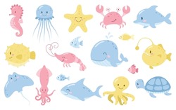 Cute sea animals. Big set.  Cartoon ocean fish, seahorse, jellyfish, blowfish, starfish, dolphin, turtle, crab, whale, anglerfish, ramp, squid, shark, octopus, shrimp