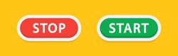 Start and stop buttons. Web buttons isolated on yellow background. Green and red buttons. Press button icon vector. Vector illustration. EPS 10