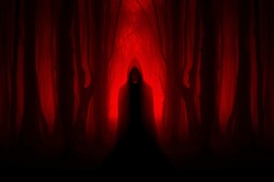 scary ghostly figure in haunted forest, halloween nightmare scene