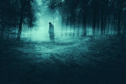 horror forest landscape with scary ghost