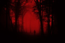 man in scary forest, dark horror landscape, halloween background