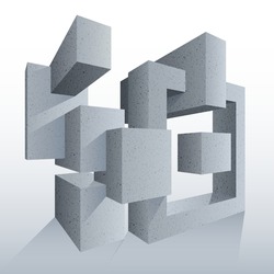 Realistic concrete cubes. Vector illustration of a set of intersecting cubes made of gray concrete. Sketch for creativity.