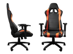 Front and side view of modern black and orange desk chair isolated on white