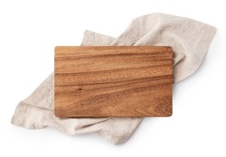 Wooden cutting board on linen napkin isolated on white background, top view