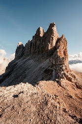 Dolomites, Three Peaks of Lavaredo. Italian Dolomites with famous Three Peaks of Lavaredo, Tre Cime , South Tyrol, Italy,People climbing on a via ferrata route paternkofel.