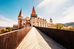 Corvin Castle with wooden bridge, Hunedoara, Hunyad Castle,  Transylvania, Romania, Europe.
